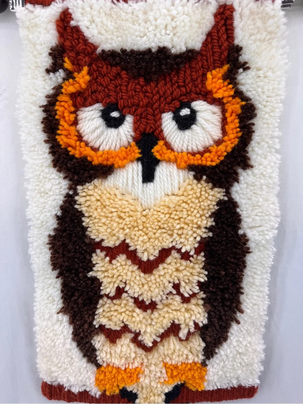 Vintage 70’s MCM Owl Latch Hook Wall Hanging Handmade Wool Yarn Boho Hippie